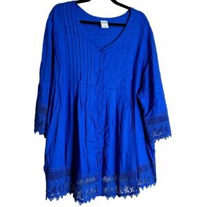 Blair Blouse Top Women 3XL Blue Pleated Lace Boho Lagenlook nautical Plus Size
